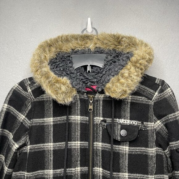 Billabong Coat Women's Black White Plaid Wool Blend Hooded Faux Fur Jacket Small - Picture 2 of 11